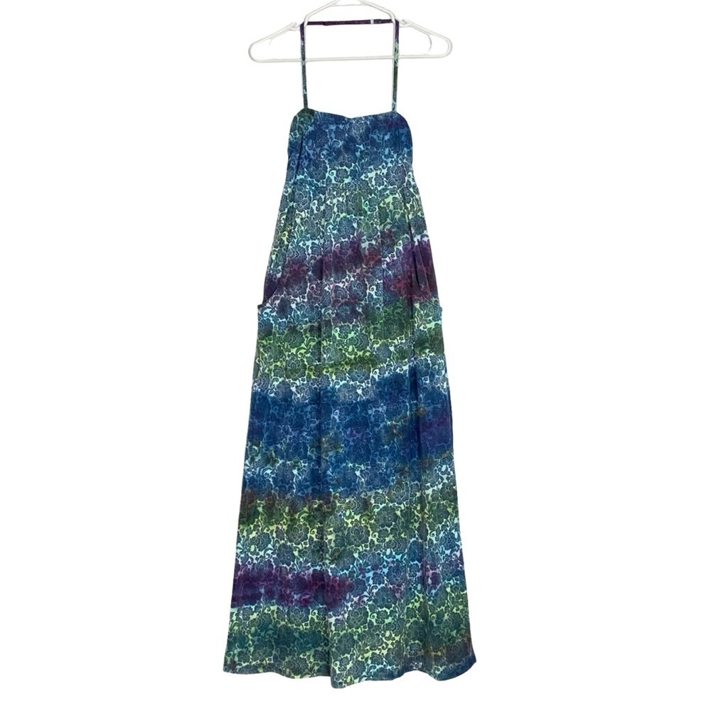 Garnet Hill Maxi Dress Womens Size XS Tie Dye Floral Print Pockets Halter Blue